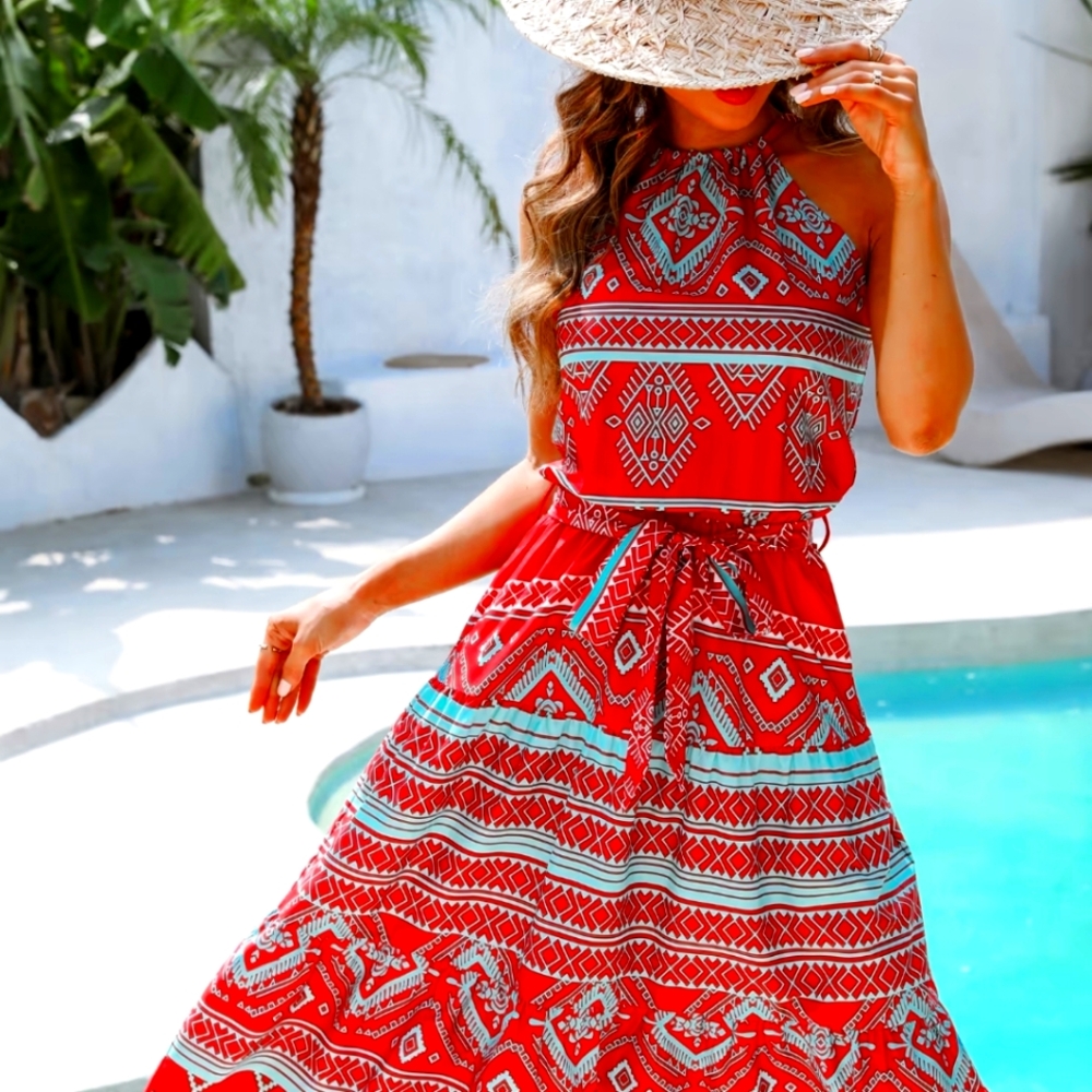 Cupshe Red White & Blue Geometric Print Halter Dress.